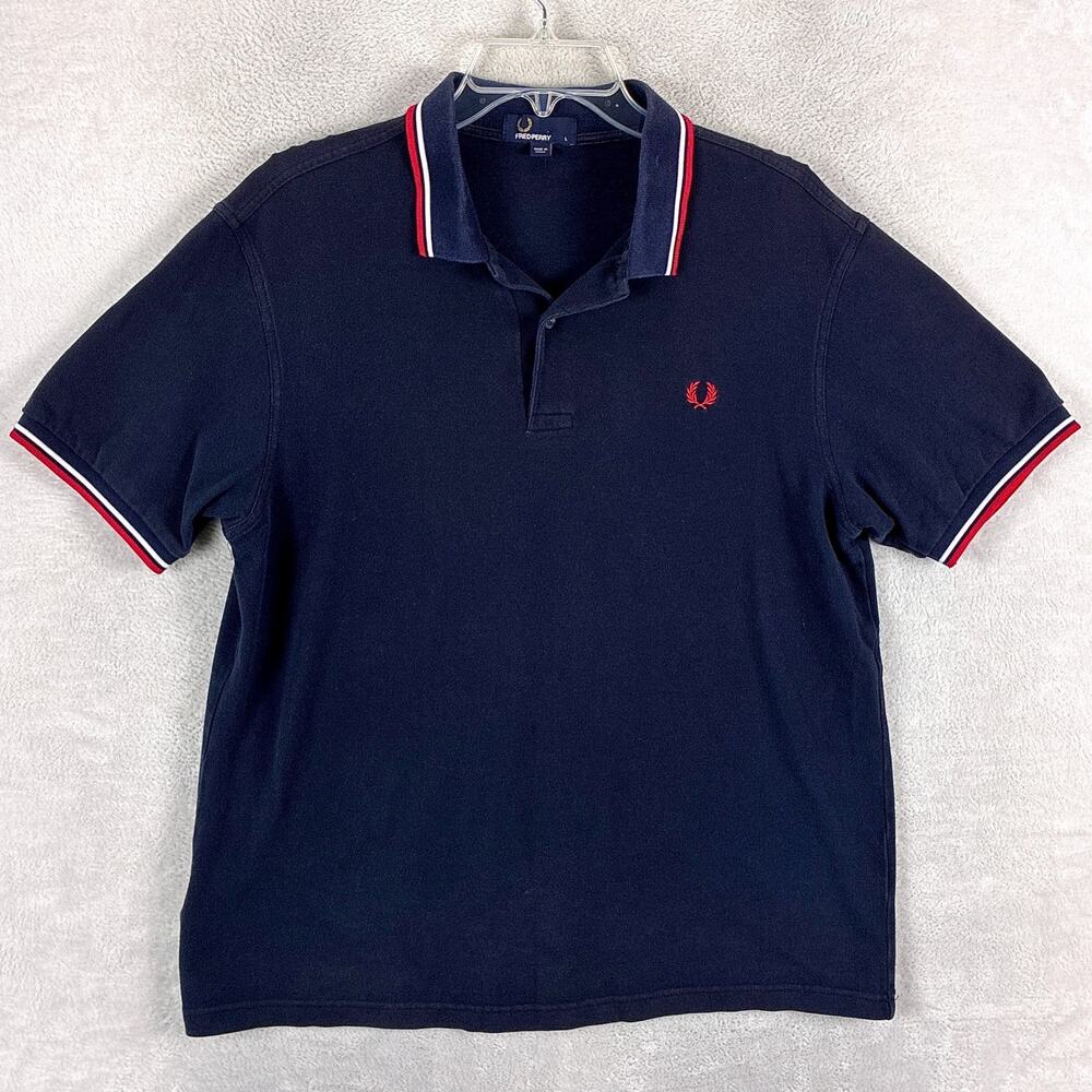Fred Perry Shirt Mens L Navy Red Polo Twin Tipped Collar Preppy Classic Golf